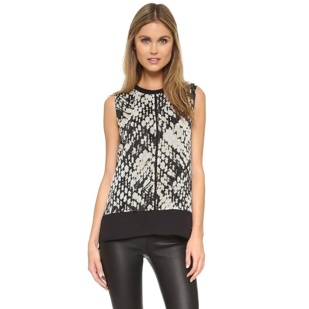 Vince 100% silk Basketweave Print Double Layer Shell Top in Macadamia & Black L